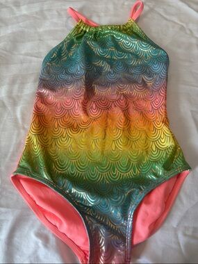 Cat & Jack Girls' Rainbow Metallic Scale One-Piece Swimsuit - Pink Trim Size 7/8